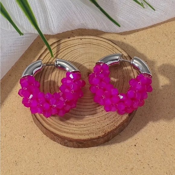 Jewelry - Rose Red Bohemian Style Handcrafted Round Hoop Synthetic Crystal Earrings